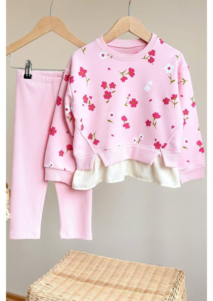 Çiçek Baskılı Gömlek Detaylı Kız Çocuk 2 li takım - Pembe