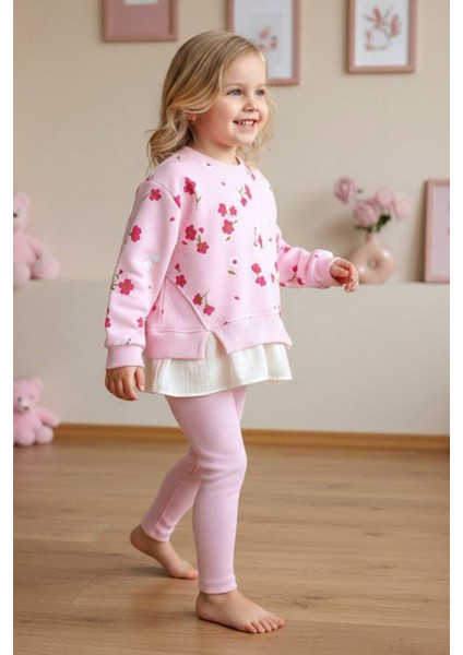 Çiçek Baskılı Gömlek Detaylı Kız Çocuk 2 li takım - Pembe fiyatları