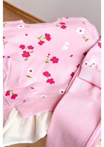 Çiçek Baskılı Gömlek Detaylı Kız Çocuk 2 li takım - Pembe modelleri