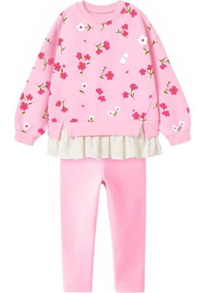 Çiçek Baskılı Gömlek Detaylı Kız Çocuk 2 li takım - Pembe fırsatları