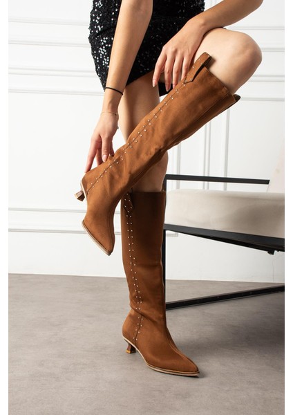 Luminya Kadın Çizme Ince Topuklu Yandan Pimli Taba Süet modelleri