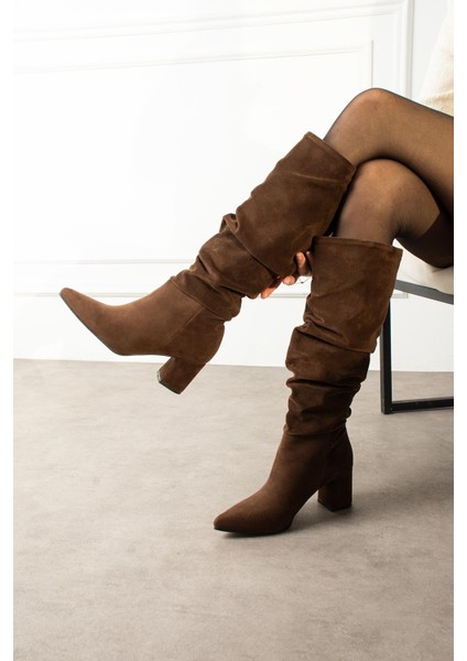 Annaliz Kadın Çizme Kalın Topuklu Körüklü Kahverengi Süet