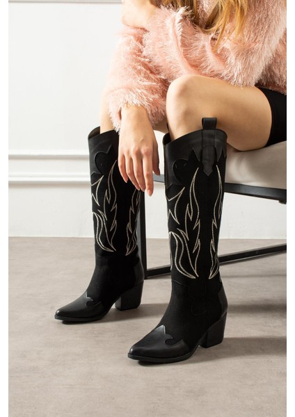 Alvest Kadın Kovboy Çizme Dikiş Desenli Siyah Süet/siyah Deri
