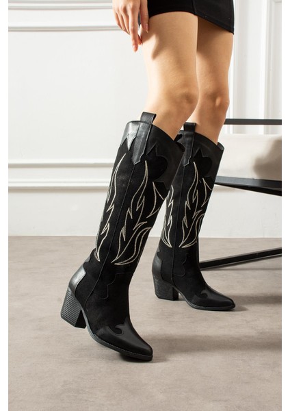 Alvest Kadın Kovboy Çizme Dikiş Desenli Siyah Süet/siyah Deri fiyatları