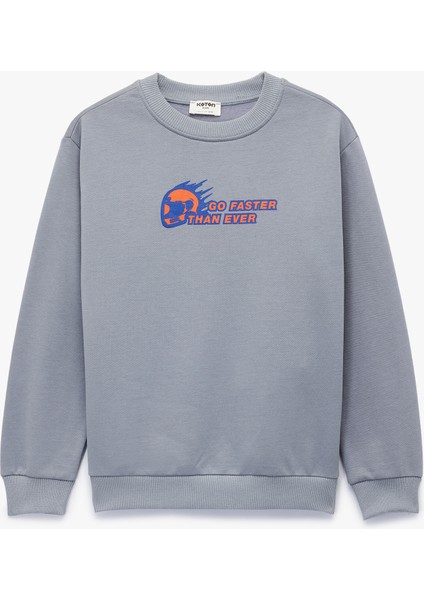 Pamuklu Uzun Kollu Bisiklet Yaka Baskılı Sweatshirt