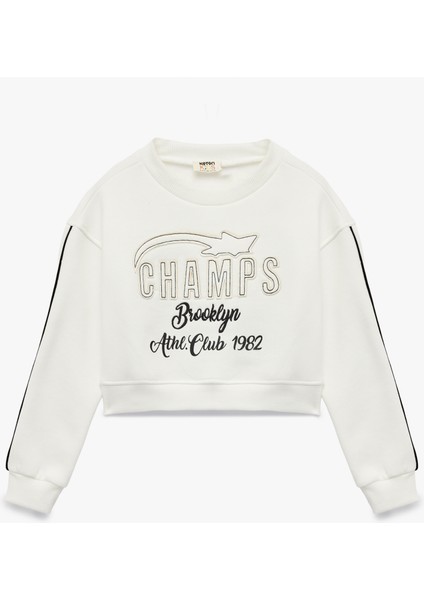 Uzun Kollu Bisiklet Yaka Aplike Detaylı Pamuklu Sweatshirt