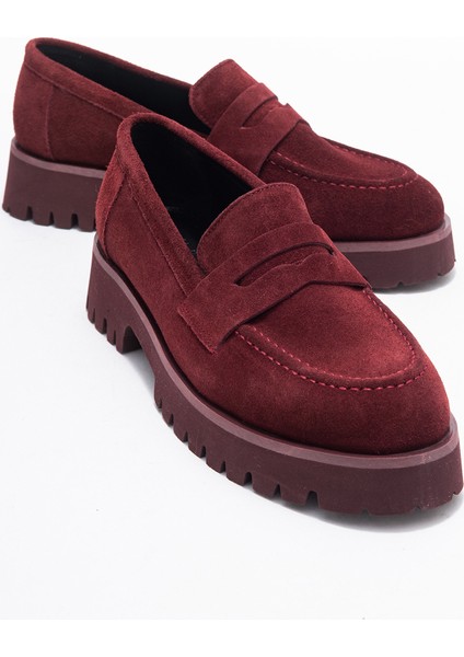 Vıonel Bordo Süet Hakiki Deri Kadın Loafer Ayakkabı