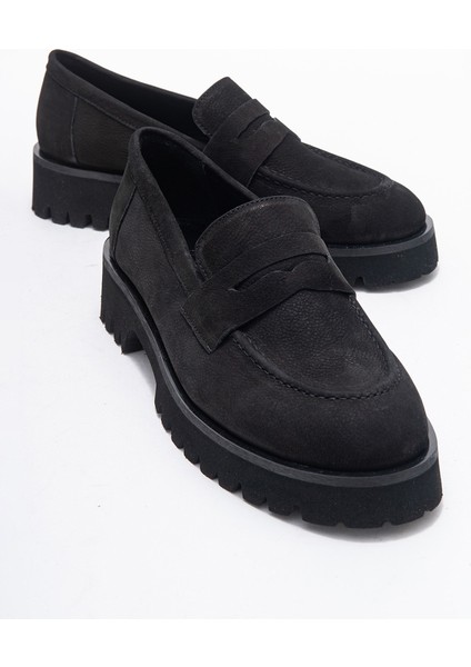 Vıonel Siyah Nubuk Hakiki Deri Kadın Loafer Ayakkabı