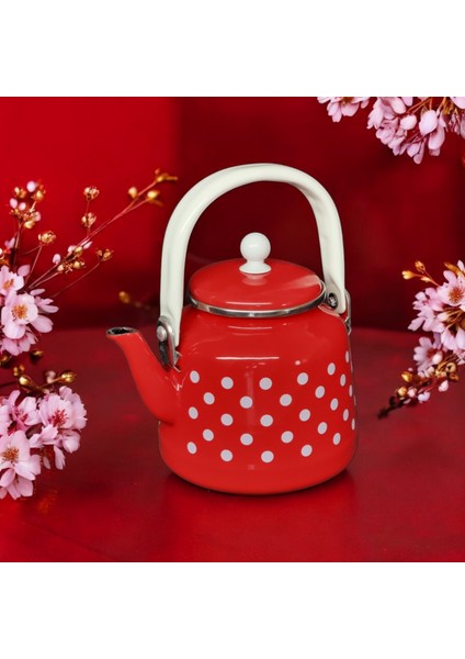 Emaye Kırmızı Puantiyeli Çaydanlık 1,4 Litre Emaye Çaydanlık Çinko Bitki Çayı Demliği