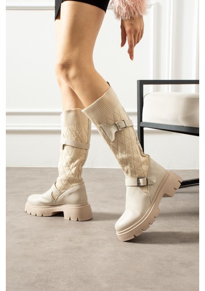 Panve Kadın Çizme Bacak Triko Dokumalı Kamer Tokalı Bej