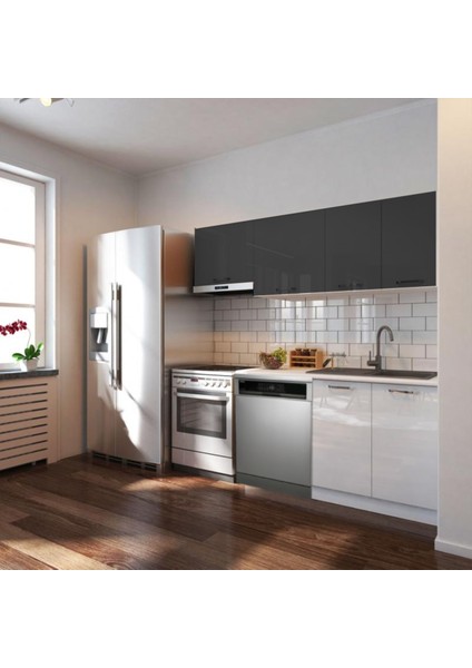 Puka Hazır Mutfak Dolabı 200CM Parlak-Beyaz Laminat Tezgah Dahil-Bulaşık Makinesi Yeri Mevcut-Parlak