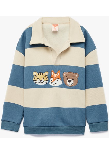 Uzun Kollu Hayvanlar Baskılı Polo Yaka Sweatshirt