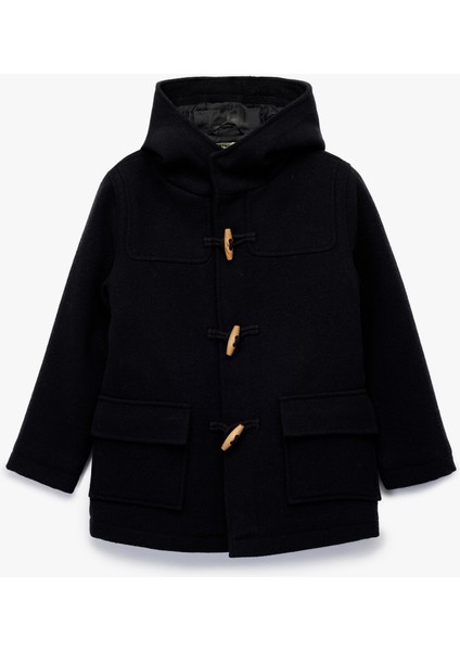 Kapşonlu Düğmeli Uzun Kollu Yün Karışımlı Kaban