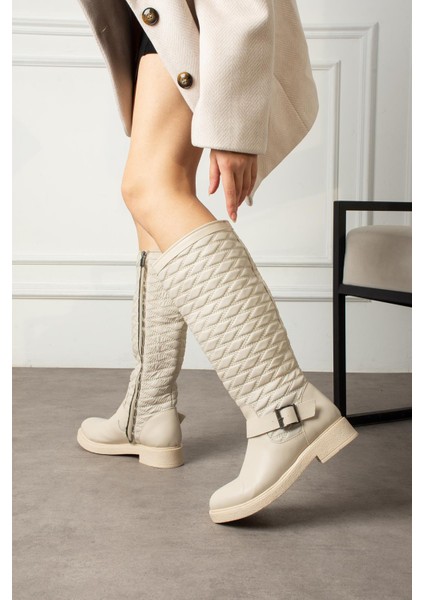 Aissa Kadın Çizme Kapitone Dikişli Fermuarlı Bej Deri
