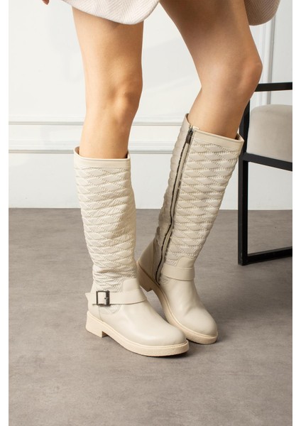 Aissa Kadın Çizme Kapitone Dikişli Fermuarlı Bej Deri fiyatları