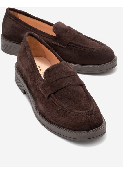 Pline Kahverengi Süet Hakiki Deri Kadın Loafer Ayakkabı