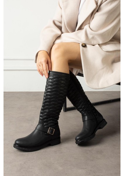 Aissa Kadın Çizme Kapitone Dikişli Fermuarlı Siyah Deri