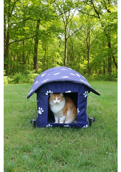 Pati Desenli Lacivert Kedi Evi Isı ve Yağmur Korumalı fırsatları