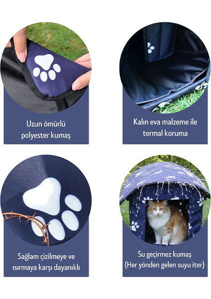 Pati Desenli Lacivert Kedi Evi Isı ve Yağmur Korumalı indirimleri