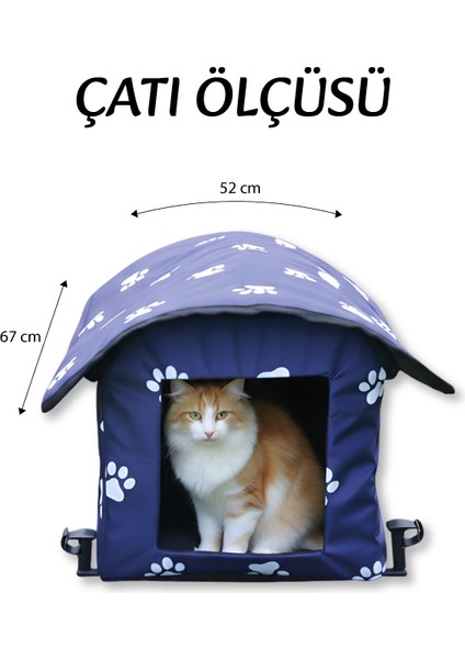 Pati Desenli Lacivert Kedi Evi Isı ve Yağmur Korumalı