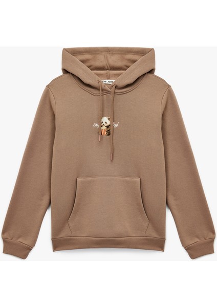 Ayıcık Nakışlı Kanguru Cepli Kapüşonlu Sweatshirt