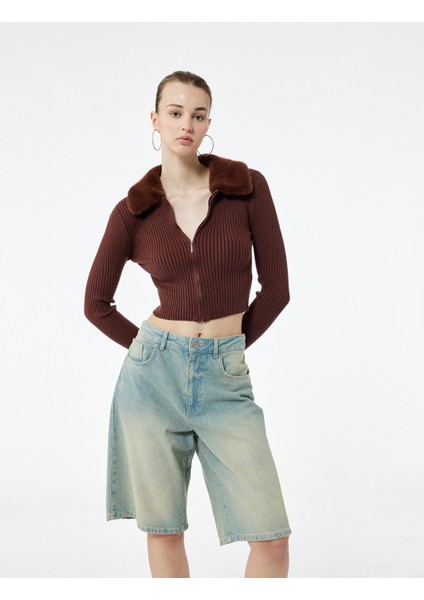 Viskon Karışımlı Suni Kürk Yakalı Uzun Kollu Fermuarlı Triko Hırka fiyatları