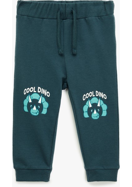 Pamuklu Dinozor Baskılı Beli Bağcıklı Şardonlu Jogger Eşofman Altı