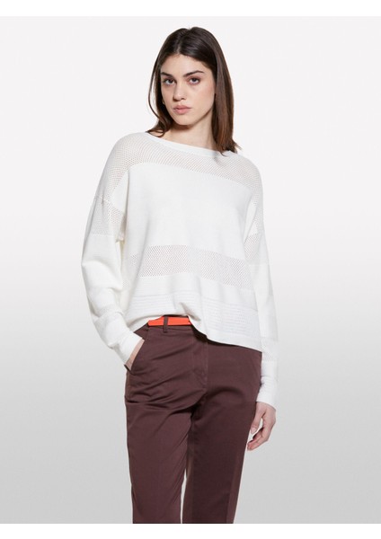 Viskoz Karışımlı Şerit Efektli Kayık Yaka Kazak Kadın Krem Kazak - 325P17Q3M1069 fiyatları
