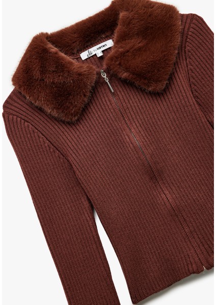 Viskon Karışımlı Suni Kürk Yakalı Uzun Kollu Fermuarlı Triko Hırka indirimleri