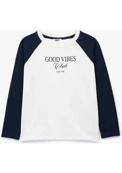 Pamuklu Bisiklet Yaka Baskılı Uzun Kollu Tişört