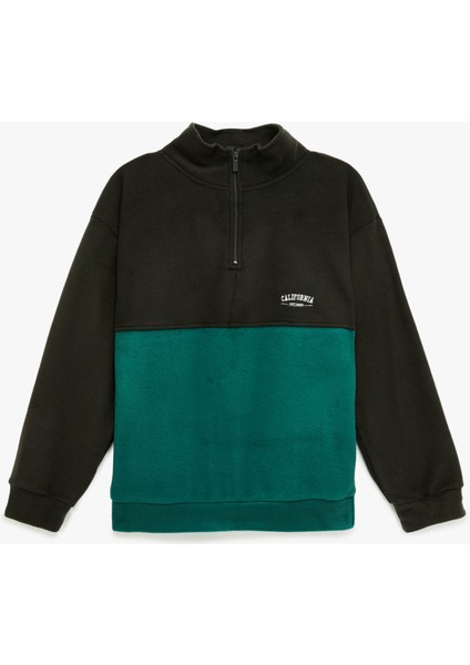 Dik Yaka Uzun Kollu Renk Bloklu Polar Sweatshirt