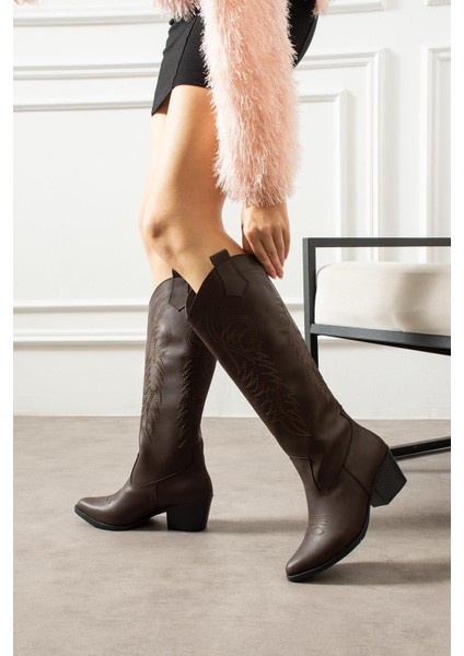 Liasra Kadın Kovboy Çizme Dikiş Desenli Kahverengi Deri fiyatları