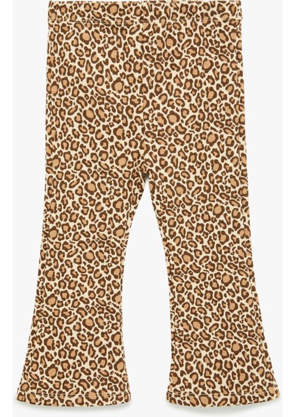 Leopar Desenli Beli Lastikli Pamuklu Ispanyol Paça Tayt