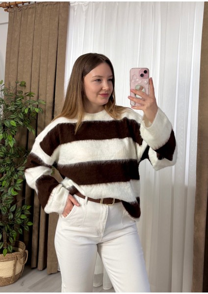 Çizgili Yumuşak Oversize Kazak Krem & Kahve