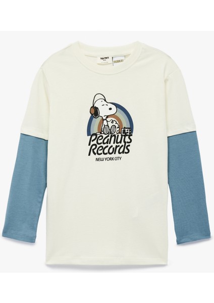 Snoopy Baskılı Uzun Kollu Bisiklet Yaka Lisanslı Tişört