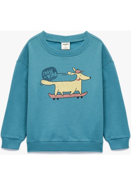 Pamuklu Uzun Kollu Bisiklet Yaka Köpek Baskılı Sweatshirt