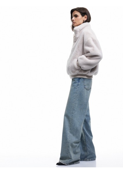 Fermuarlı Dik Yaka Cepli Suni Kürk Peluş Oversize Crop Mont fiyatları