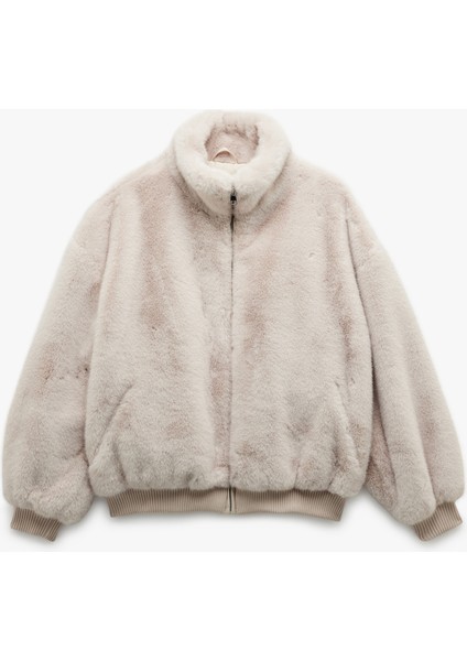 Fermuarlı Dik Yaka Cepli Suni Kürk Peluş Oversize Crop Mont fırsatları