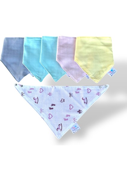 Önü Müslin Arkası Pazen Salya ve Mama Önlüğü, 10 Adet Kız Set, Fular Önlük, %100 Pamuk, 3 Çıtçıt Ayarlı modelleri