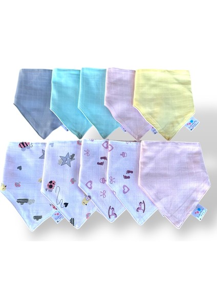 Önü Müslin Arkası Pazen Salya ve Mama Önlüğü, 10 Adet Kız Set, Fular Önlük, %100 Pamuk, 3 Çıtçıt Ayarlı fırsatları