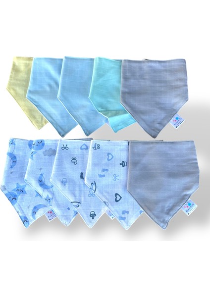 Önü Müslin Arkası Pazen Salya ve Mama Önlüğü, 10 Adet Erkek Set, Fular Önlük, %100 Pamuk, 3 Çıtçıt Ayarlı modelleri