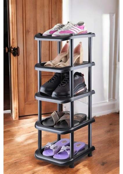 5 Katlı Tekli Siyah Plastik Ayakkabılık - Yer Tasarrufu ve Ekonomik Çözüm