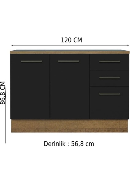 Yale Mutfak Alt Modül 3 Çekmeceli -2 KAPAKLI-120 cm -Tezgah Dahil