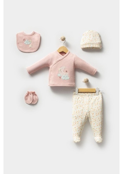 %100 Pamuk Sevimli Ay ve Bulutlar Desenli Bebek 5 Parça Yenidoğan Hastane Çıkışı Zıbın Seti BBTF.PMB.2023