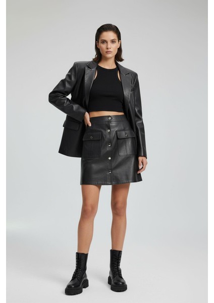 Siyah Düğmeli Cepli Hakiki Deri Etek
