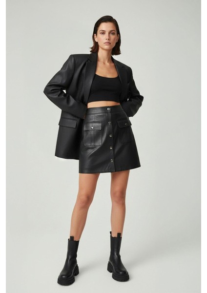 Siyah Düğmeli Cepli Hakiki Deri Etek fiyatları