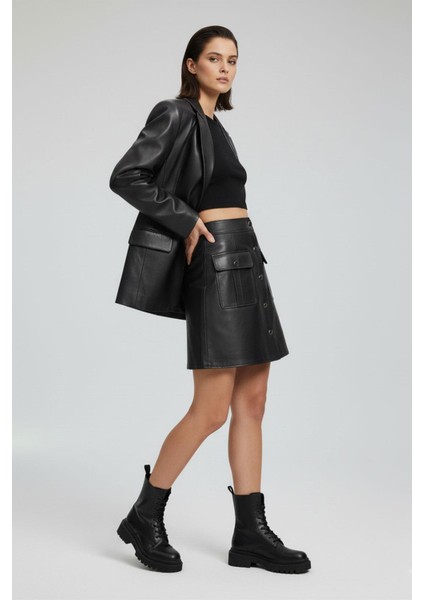 Siyah Düğmeli Cepli Hakiki Deri Etek fırsatları