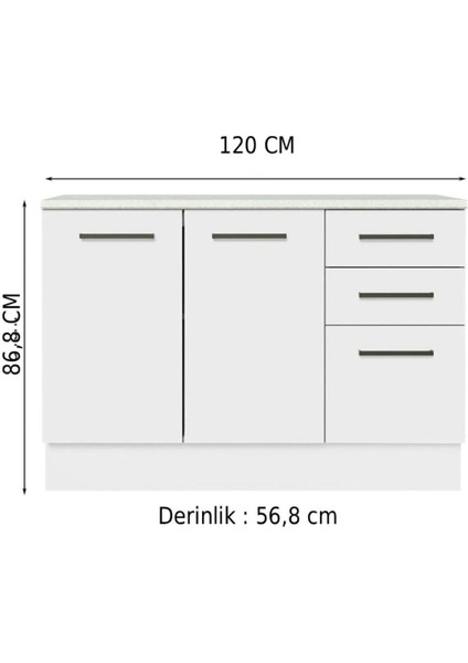 Yale Mutfak Alt Modül 3 Çekmeceli -2 KAPAKLI-120 cm -Tezgah Dahil