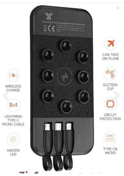 Snapron SNP-3003 10.000 Mah Vantuzlu Wireless Kablosuz ve 3in1 Kablolu Powerbank