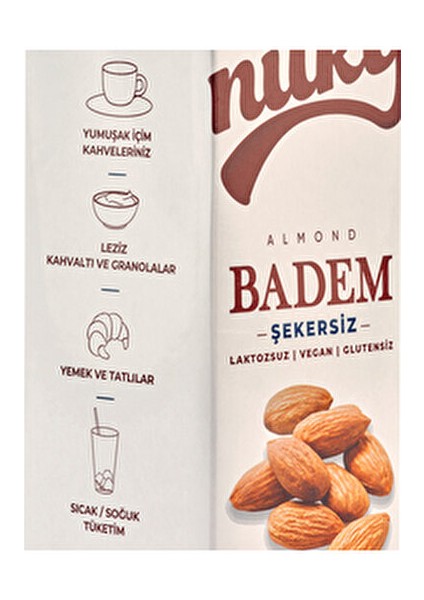 Şekersiz Badem Sütü 1 lt Glütensiz Vegan ve Bitkisel Bazlı Sağlıklı Alternatif